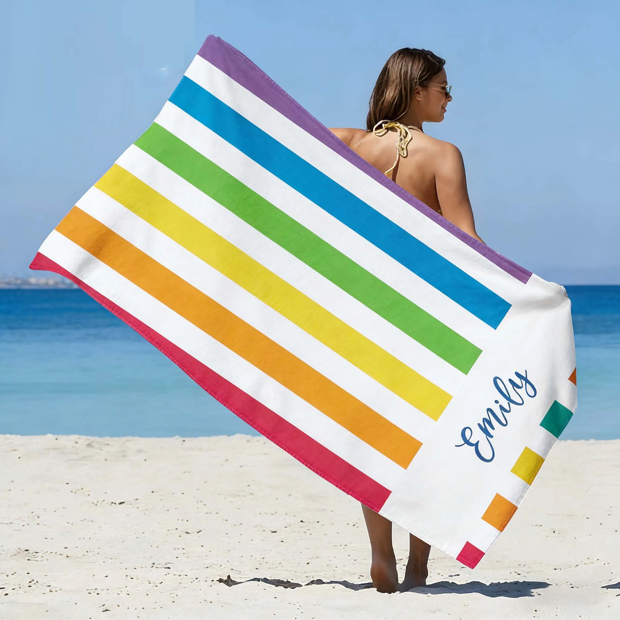 Personalized Striped Beach Towel Custom Name/Text Oversized Microfiber Towel Summer Party Gift for Beach Swimming Bath Sports