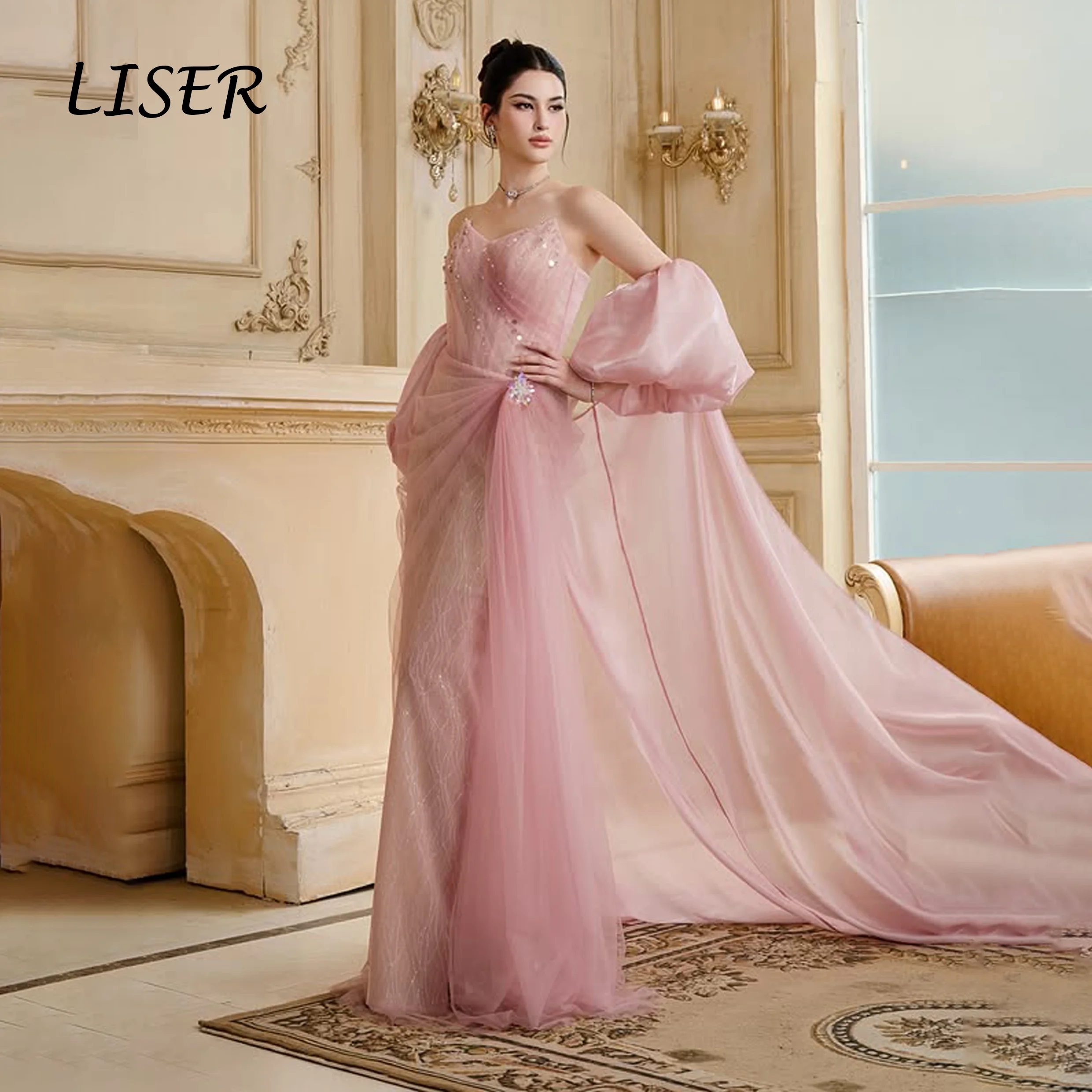 Liser Stunning Sleeveless Strapless Wedding Dresses A-line Floor-Length Puff Sleeves Beaded Robe De Mariée 2026 Customized ﻿