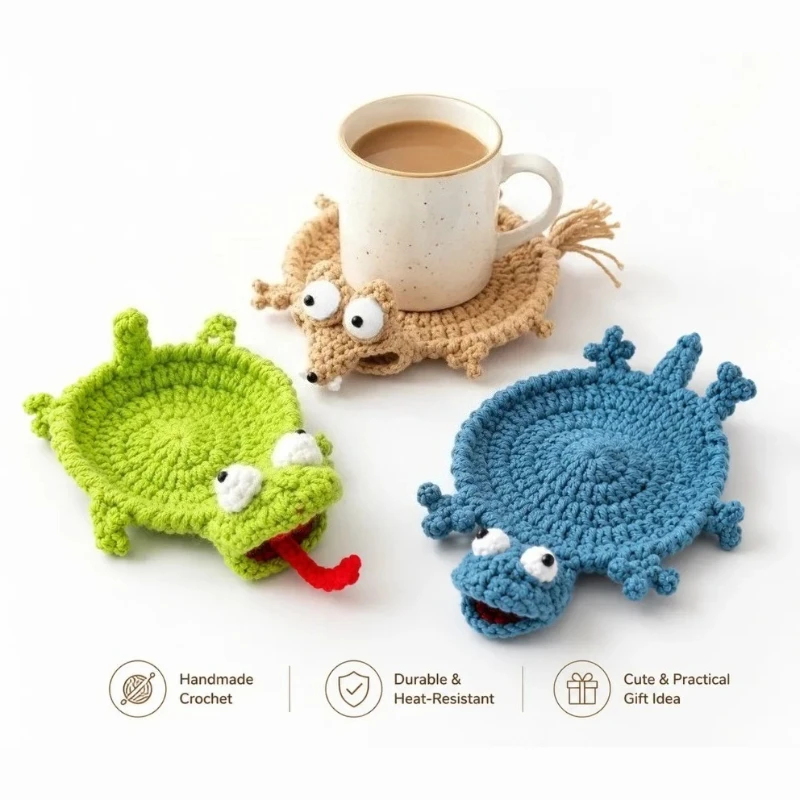 1/2pc Crochet Animal Coasters Cute Knit Cup Mat Handmade DIY Craft Kit Finished Product for Home Office Table Decor Novelty Gift