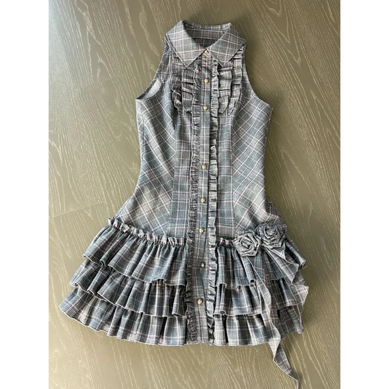 Plissado 3d rosa sem mangas vestido feminino xadrez chique único breasted em camadas bolo vestido verão estilo bonito doce harajuku mini vestido