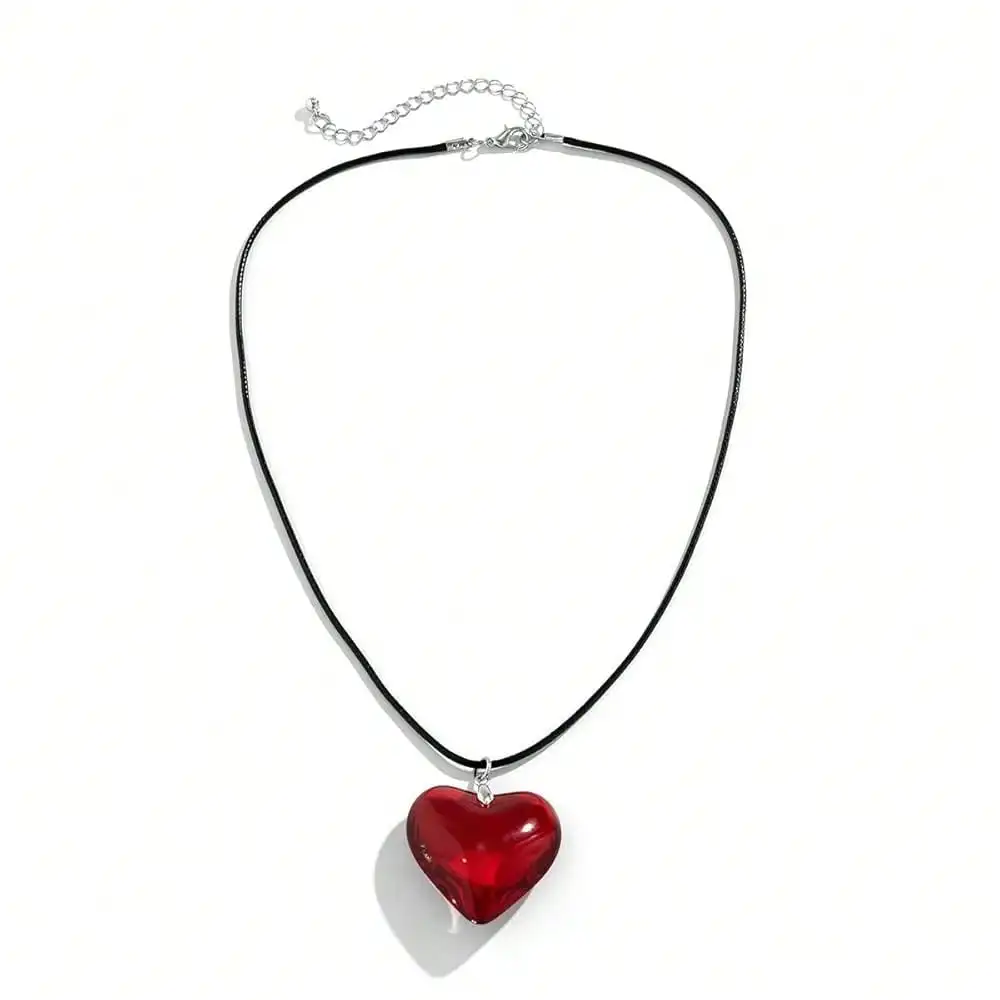 

Red Glass Puffy Heart Pendant Necklace on Black Cord for Women