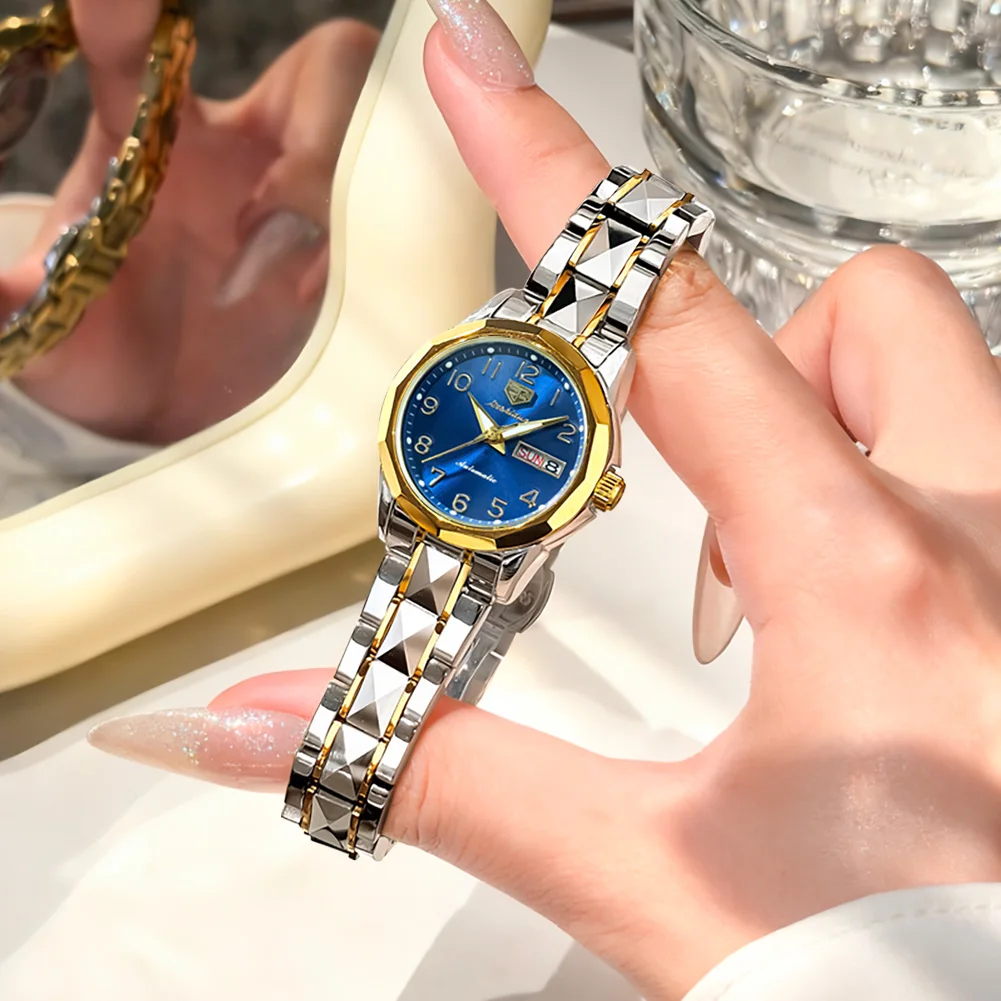 

JINSHIDUN 8990 Brand original authentic tungsten steel strap double calendar women's mechanical watch