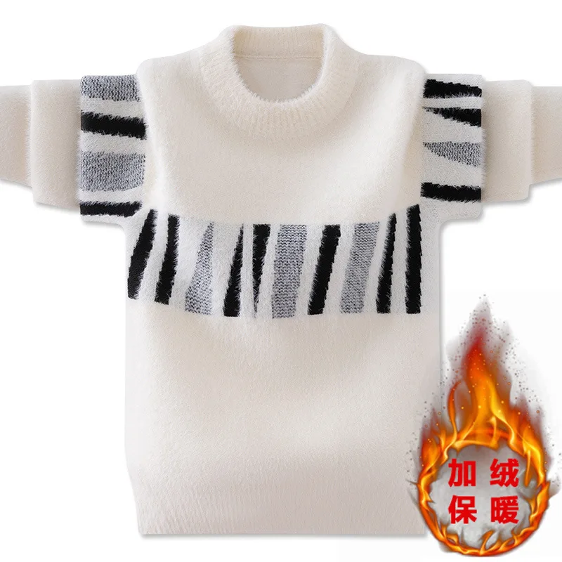 2023 Autumn Winter Thickend Plush Sweater Boys O-Neck Korean Pullover Sweater Fluff Warm Casual Striped Knitwear for Boy 3-12T