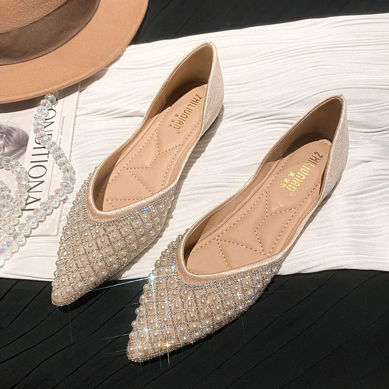 2024 Fashion Fairy Women Summer New Pointed Rhinestone Single Comfortable Loafers All Match Pearl Flat Calzado Mujer Loafers