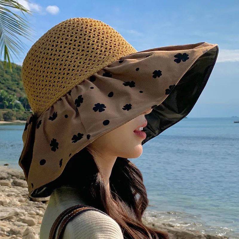 Summer Hats For Women Flower Printed With Big Bow Fisherman Cap Sunscreen Beach Hat Female Uv Protect Sun Hat Ladies Gorro