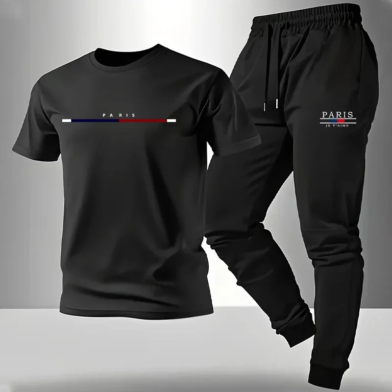 Men's Set T-shirt and Sweatpants Paris Print Summer Short Sleeve Tracksuit Male Home Outdoor Comfort Casual Tees Outfit S-3XL