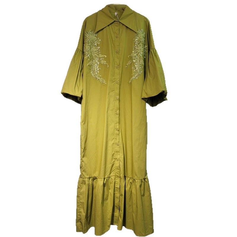 Modna sukienka koszulowa damska z koronką i cekinami, kolekcja wiosna 2026, z kołnierzykiem i krótkim rękawem, model 1LS2811