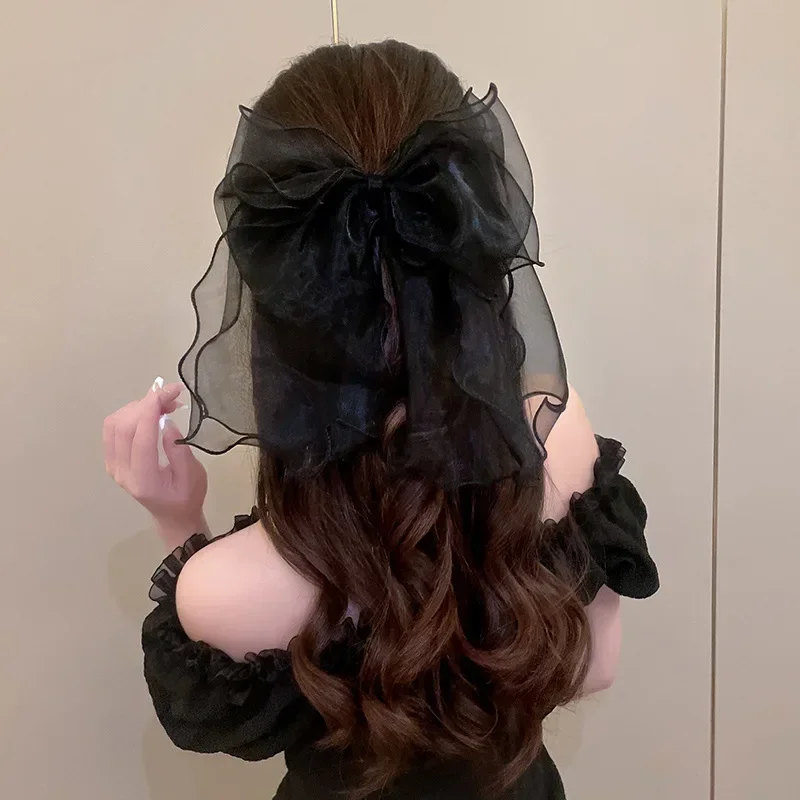 Fairy Princess Large Bow Organza Hair Clip Korean Lace Ribbon Barrette Hairpins Women Girls Curly Waves Sweet Hair Accessories