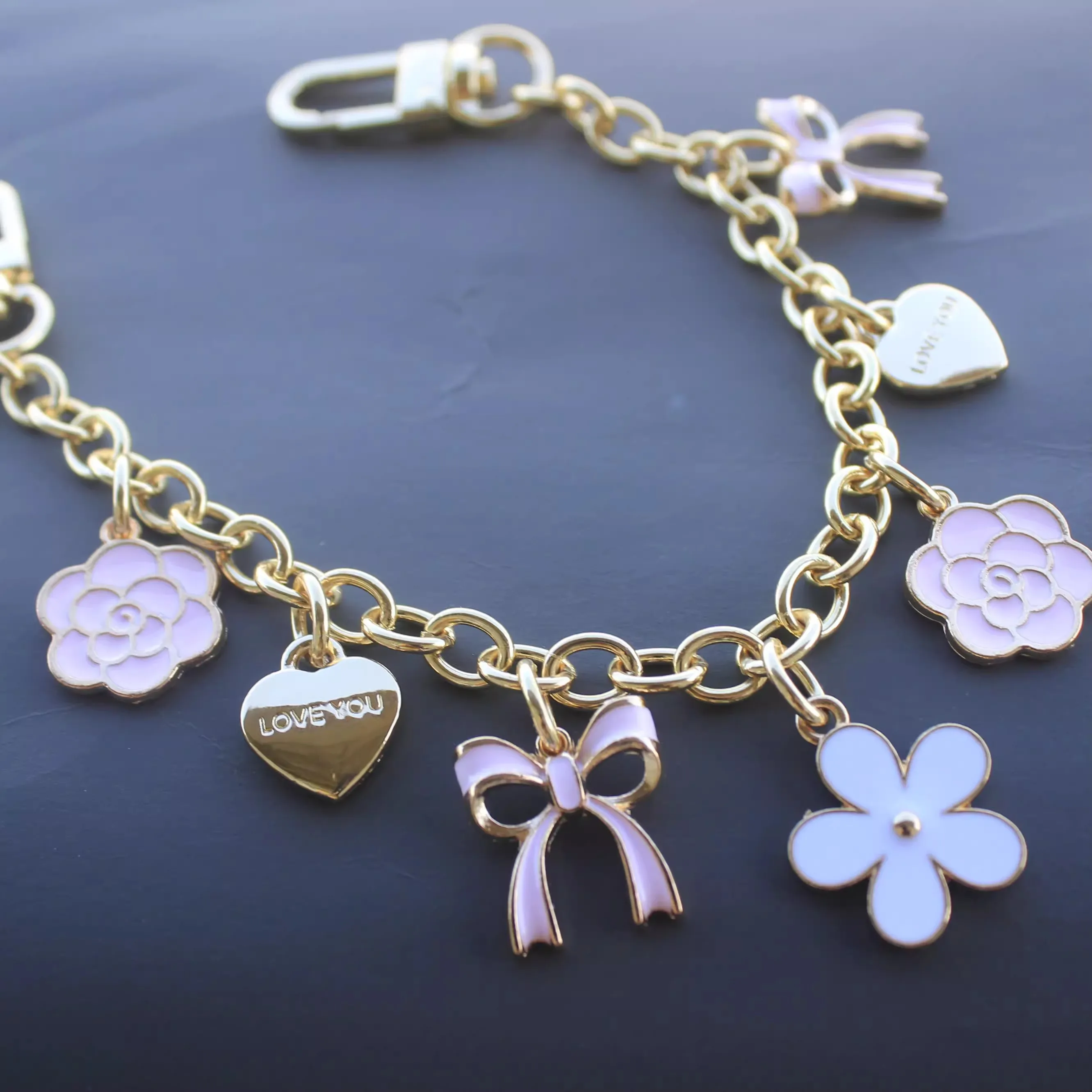 Hand Wrist Strap phone Lanyard golden shinny Metal keychain bag charm decoration bag extended white pink bow heart pendant