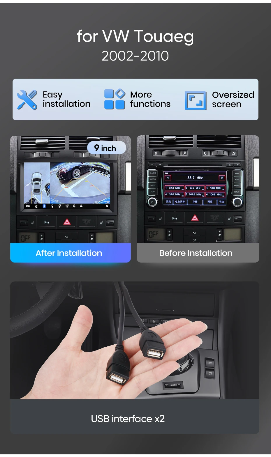 Junsun Autoradio für VW Volkswagen Touareg 2002 2003 - 2010 CarPlay Android Auto FM RDS DSP BT GPS Navi SWC HD IPS Touchscreen Plug & Play Multimedia-Player Freisprecheinrichtung Original-Autostil-Haupteinheit – Detail 4