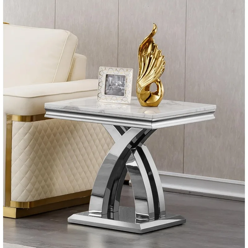 Modern Marble End Table,White and Silver Side Table with X Stainless Steel Base, Luxury Faux Top Accent Bed Sofa for Living Room