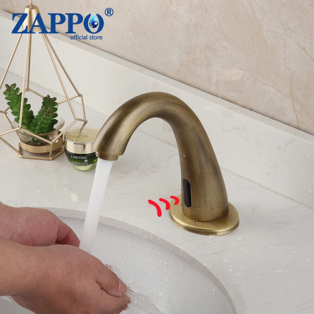 

ZAPPO Antique Brass Basin Faucet Smart Sensor Faucets Hot and Cold Water Mixer Deck Mounted Sensor Bathroom faucet Tap