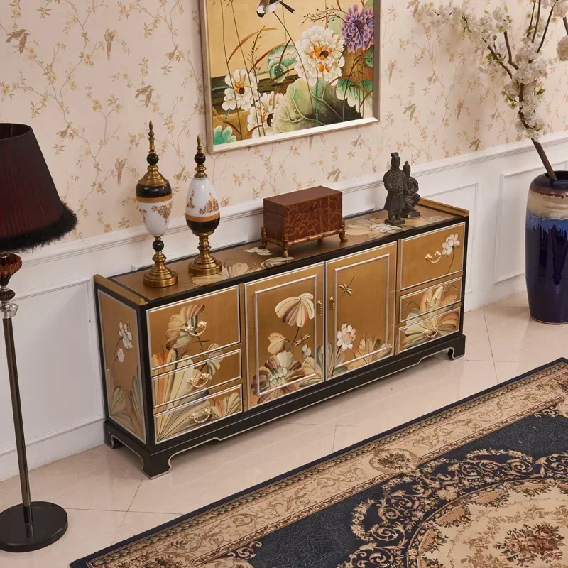 2023 New Designer Furniture New Chinese Model House Living Room Gold Foil Painted Lotus TV Floor Cabinet