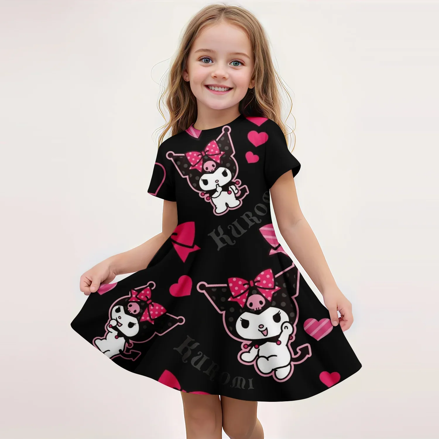 MINISO New Summer Girls Dress Fashion Cartoon Cute Kuromi & My Melody 3D Print Dresses Women Short Sleeve Princess Clothes