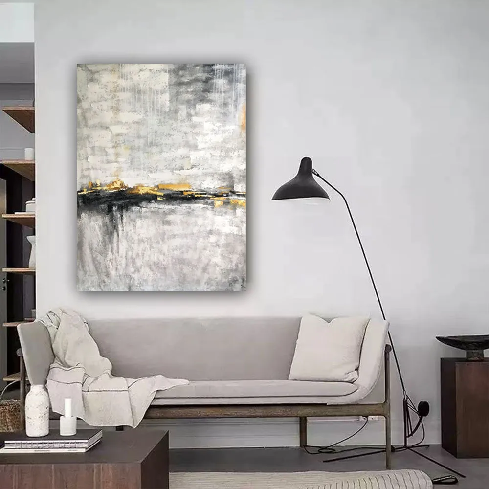 

Abstract Geometric Line Wall Art 100% Hand-Painted Oil Painting Modern Black White Canvas Picture Hotel Office Home Room Decor