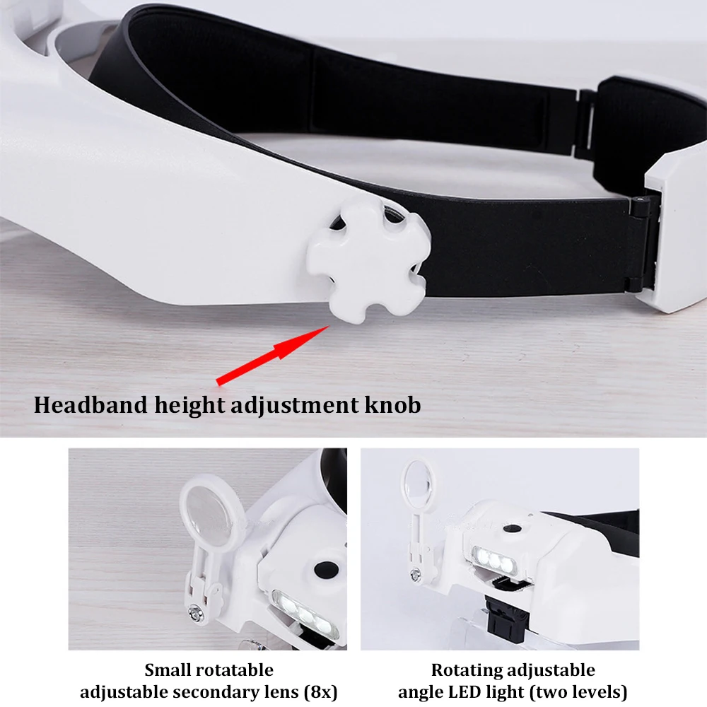 Imagem -04 - Usb Recarregável Lupa Óculos Reparação Relojoeiro Magnifier Led Headband Lupa 1.5x 2x 2.5x 3x 3.5x 8x