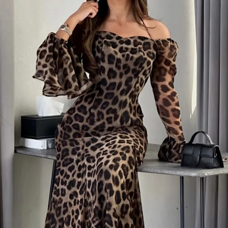 Autumn Leopard Print Chiffon Women Dress Ladies Sexy Hollow Out Off Shoulder Evening Dress Casual Flare Sleeve Slim Long Dresses