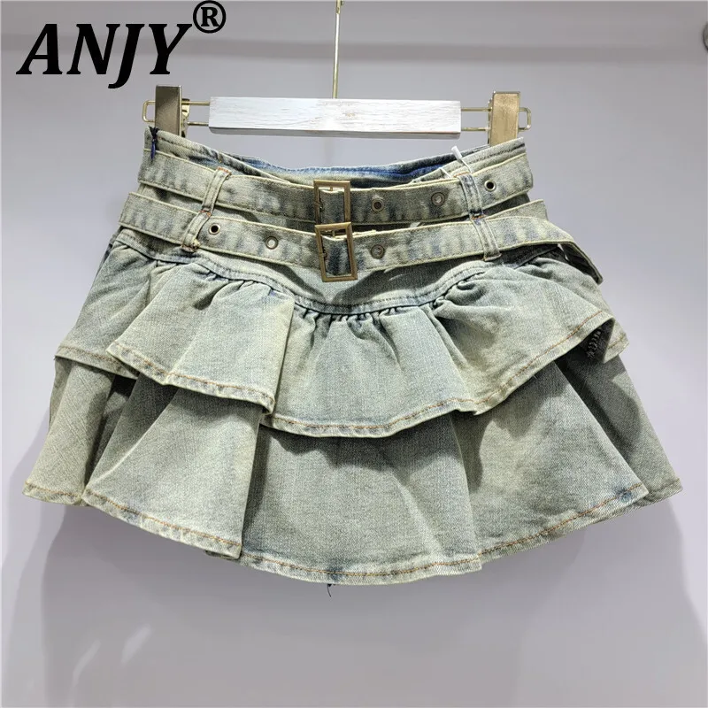 

ANJY Summer New Women American Retro Streetwear Distressed Y2K Stylish A-line Double-layed Ruffled Belted Denim Mini Skirt A7940