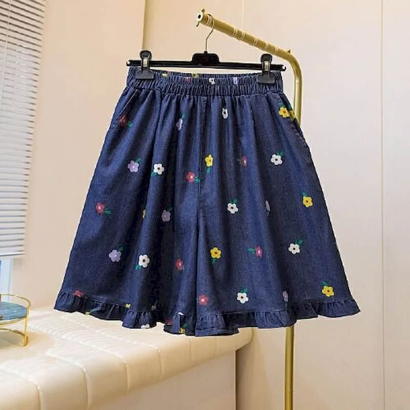 Denim Shorts Women Summer Wear Vintage Drawstring Elastic Waist Ruffle Wide Leg Pants Casual Loose Jean Shorts Women Clothing