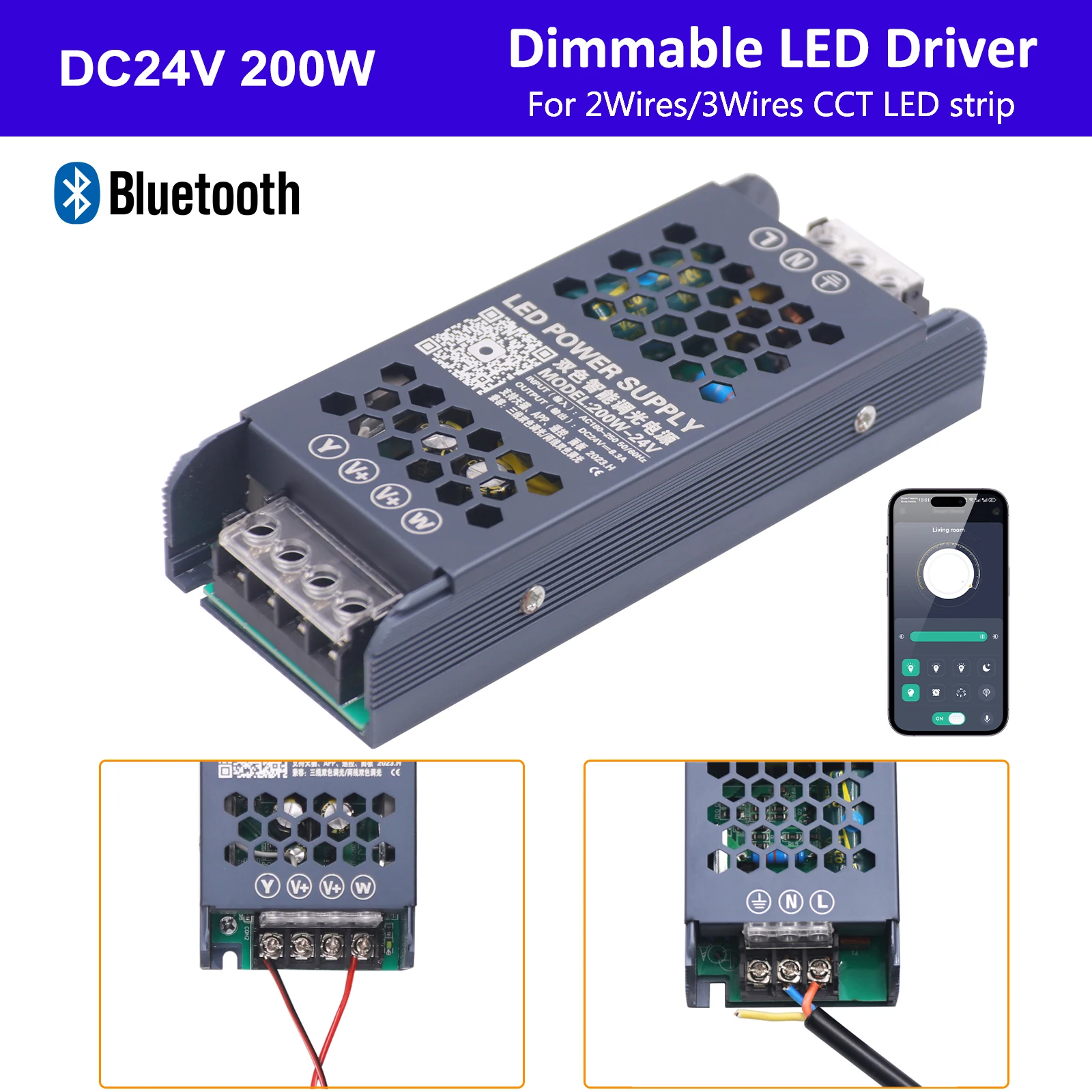 

DC24V 200W светодиодный драйвер с регулируемой яркостью AC180-250V затемняющий источник питания трансформатор Bluetooth управление через приложение для 2-проводной 3-проводной светодиодной ленты CCT
