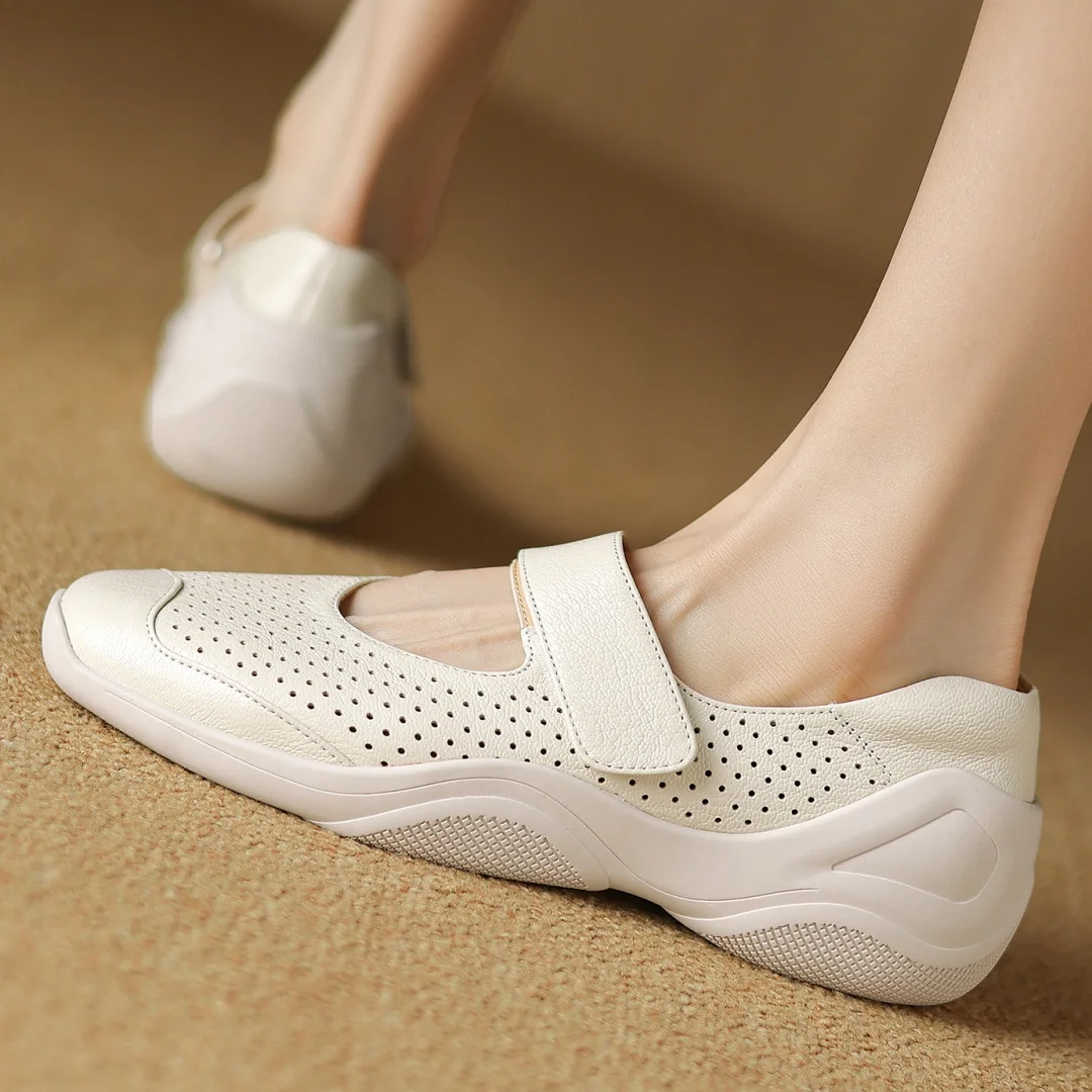 

Women's hollow-out sheepskin square toe slip-on Mary Jane flats summer breathable sneakers leisure soft comfortable moccasins 41