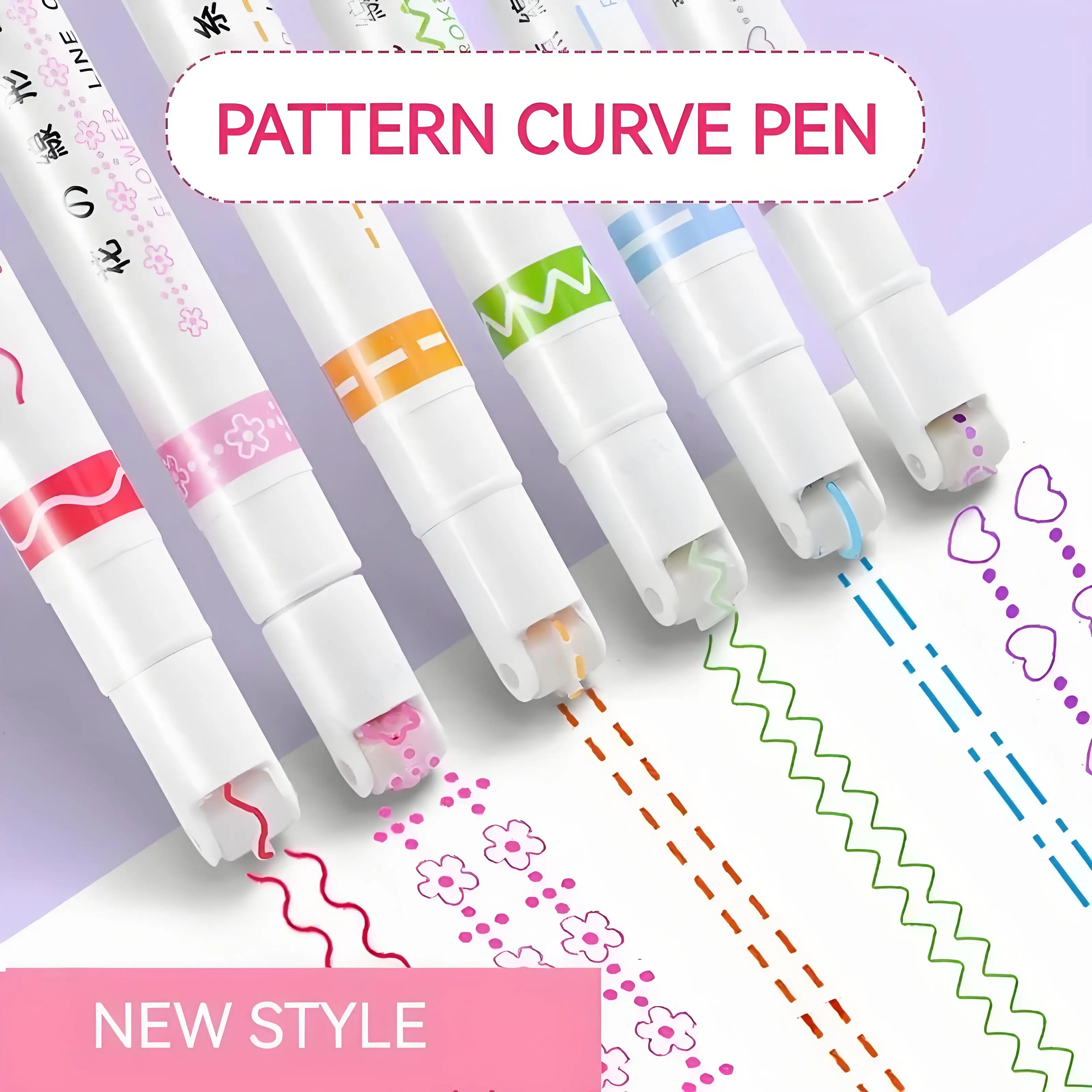 6PCS/Set Flower Line Shape Highlighter Pen Roller Tip Colored Curve Markers for Scrapbooking Wave Underlining Emphasis