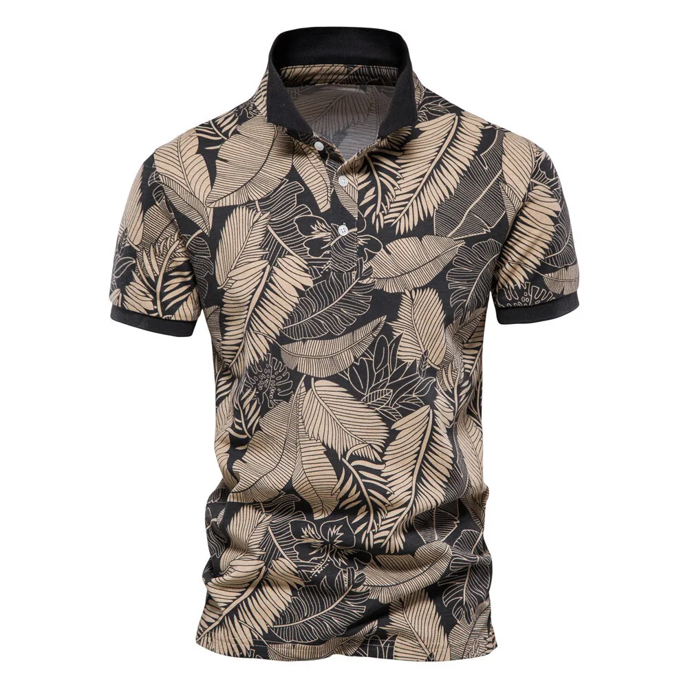 2023 Summer New Leaf Print Top Men's Short Sleeve Polo Neck European Fashion POLO Shirt