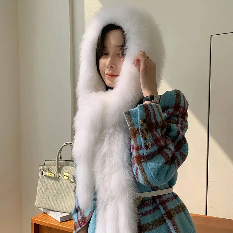 

Fox Fur Scarf Hat Female Winter Fox Fur Hat Natural Fox Fur Hats Luxury Knit Genuine Fur Hooded Scarfs Fluffy Real Fox Fur Hat