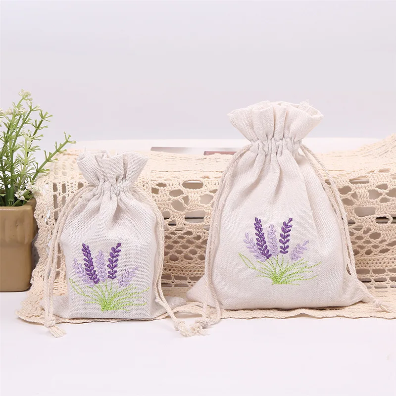 5pcs 10X14cm Embroidery Printed Lavender Imitation Hemp Bag Wedding Party Small Gift Packaging Bag Home Decoration Ornaments