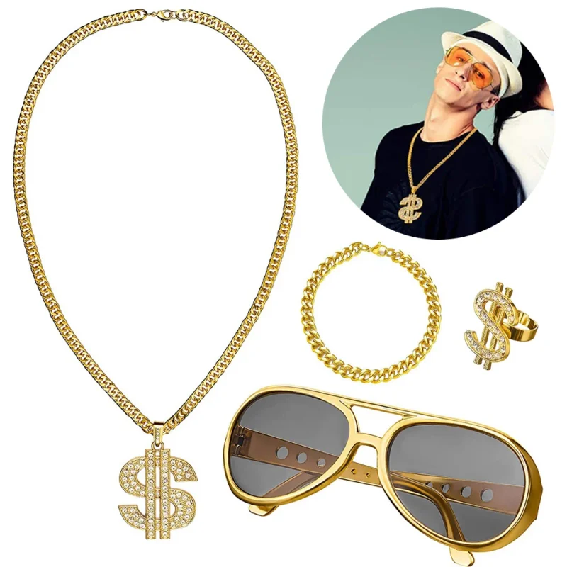 

4 PCS Set Fancy Cosplay Costume Props Glasses Bracelet Necklace Ring Hip Hop Club Dance Rapper Disco Dress Up Party Accessory