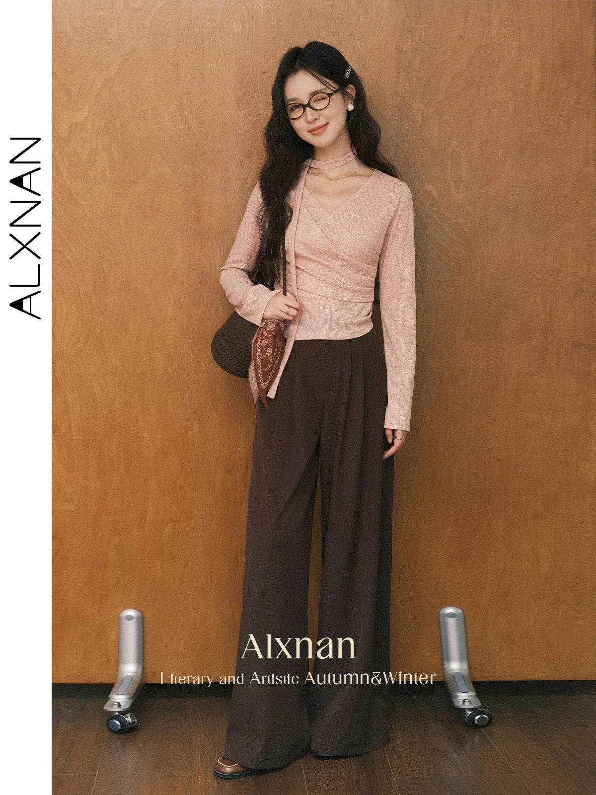 ALXNAN Women's Pants Brown Casual Wide-leg Baggy Pants 2025 Autumn Loose-fit Straight Office Lady Pleated Trousers Female L56713