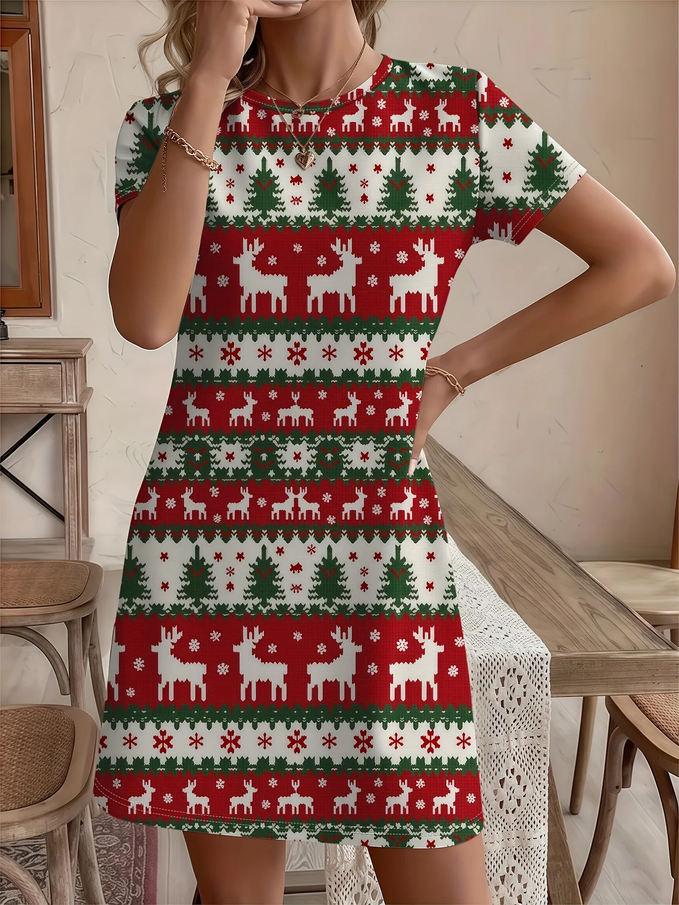 여성용 크리스마스 순록 눈송이 프린트 반소매 드레스 레드 그린 홀리데이 파티 드레스 화이트 칼라 Y2k 축제 드레스