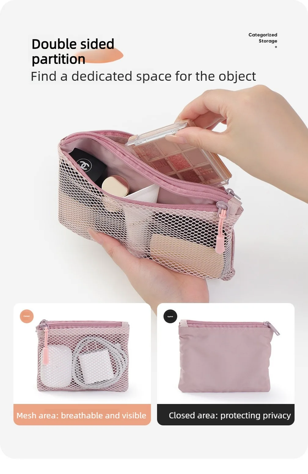 Mesh-Tech-Organizer-Tasche mit Doppelreißverschluss aus Polyester für Kabel, Ladegeräte, tragbare Reise-Make-up-Aufbewahrungstasche für den Heimgebrauch – Detail 3