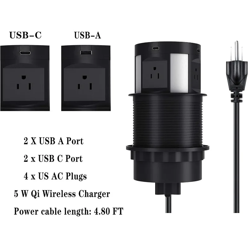 

Automatic Pop Up Outlet For Countertop, Recessed Power Strip With 4 AC Outlets, 2 USB A, 2 USB C Pop Up Socket, Wireless Charger