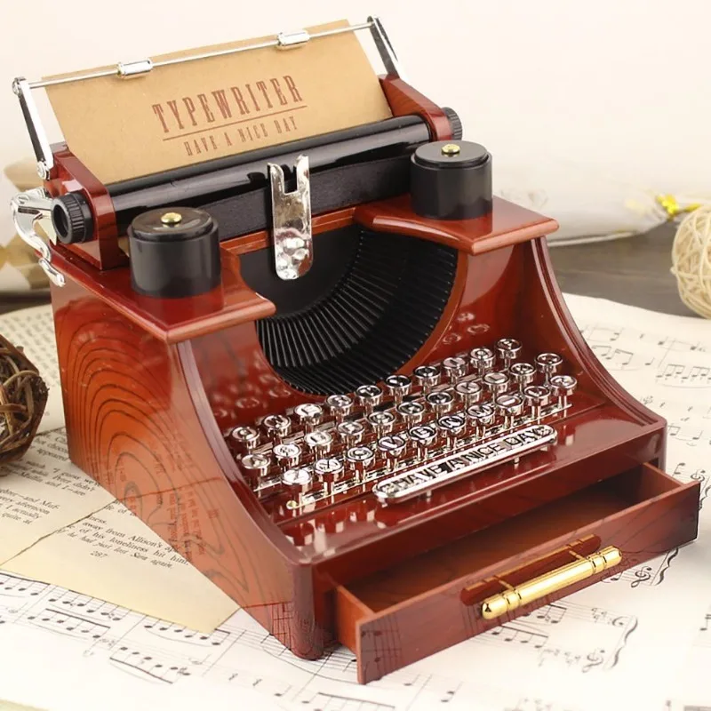 1PC Creative Classic Retro Wood Metal Typewriter Music Box Desktop Home Office Decor Musical Boxes Kids Birthday Toy Gift