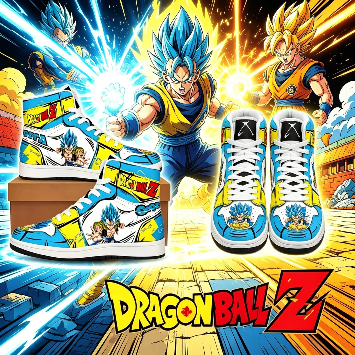 Zapatillas Dragon Ball Z Super Saiyan Blue Goku, con estampado de panel de manga, de caña alta, calzado urbano azul cielo vibrante