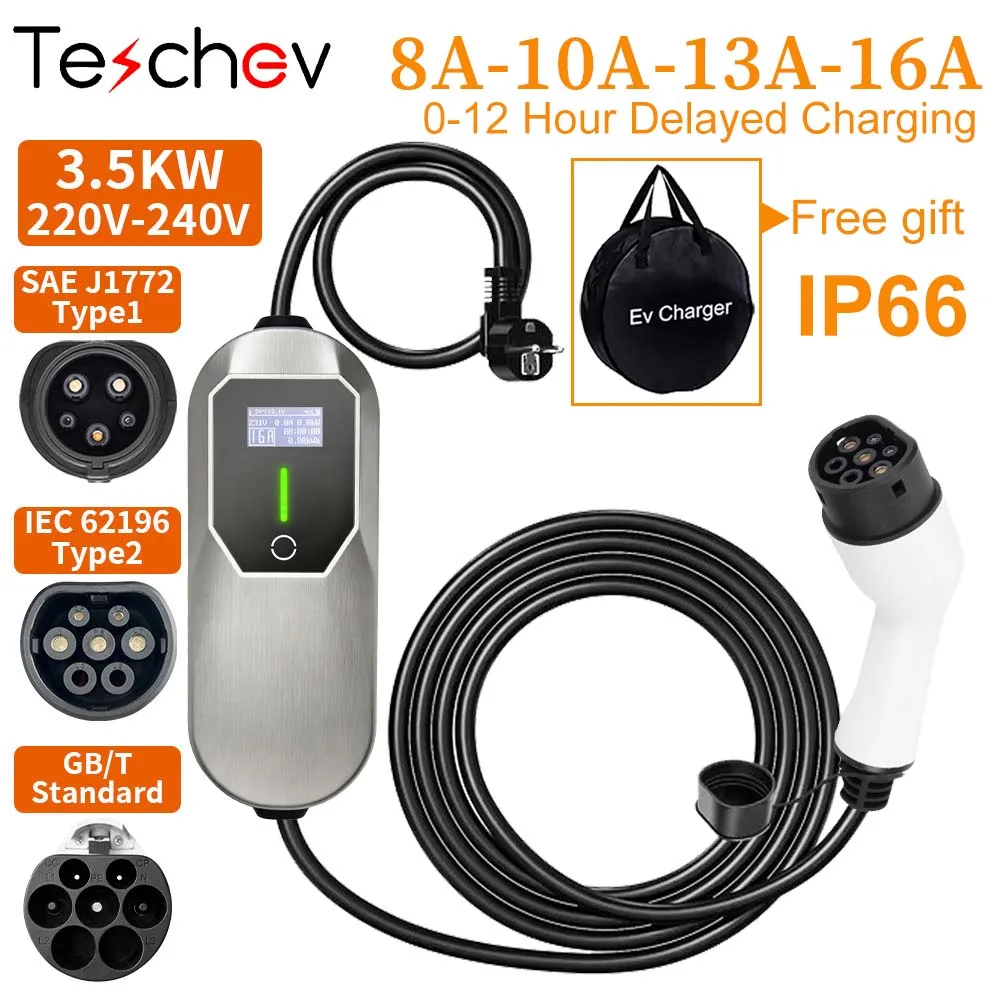 3.5KW 16A Portable EV Charger Type1 Type2 GB/T IP66 Waterproof LED Screen 8-16A Adjustable Timing Charge 3.5M Schuko Plug Home O