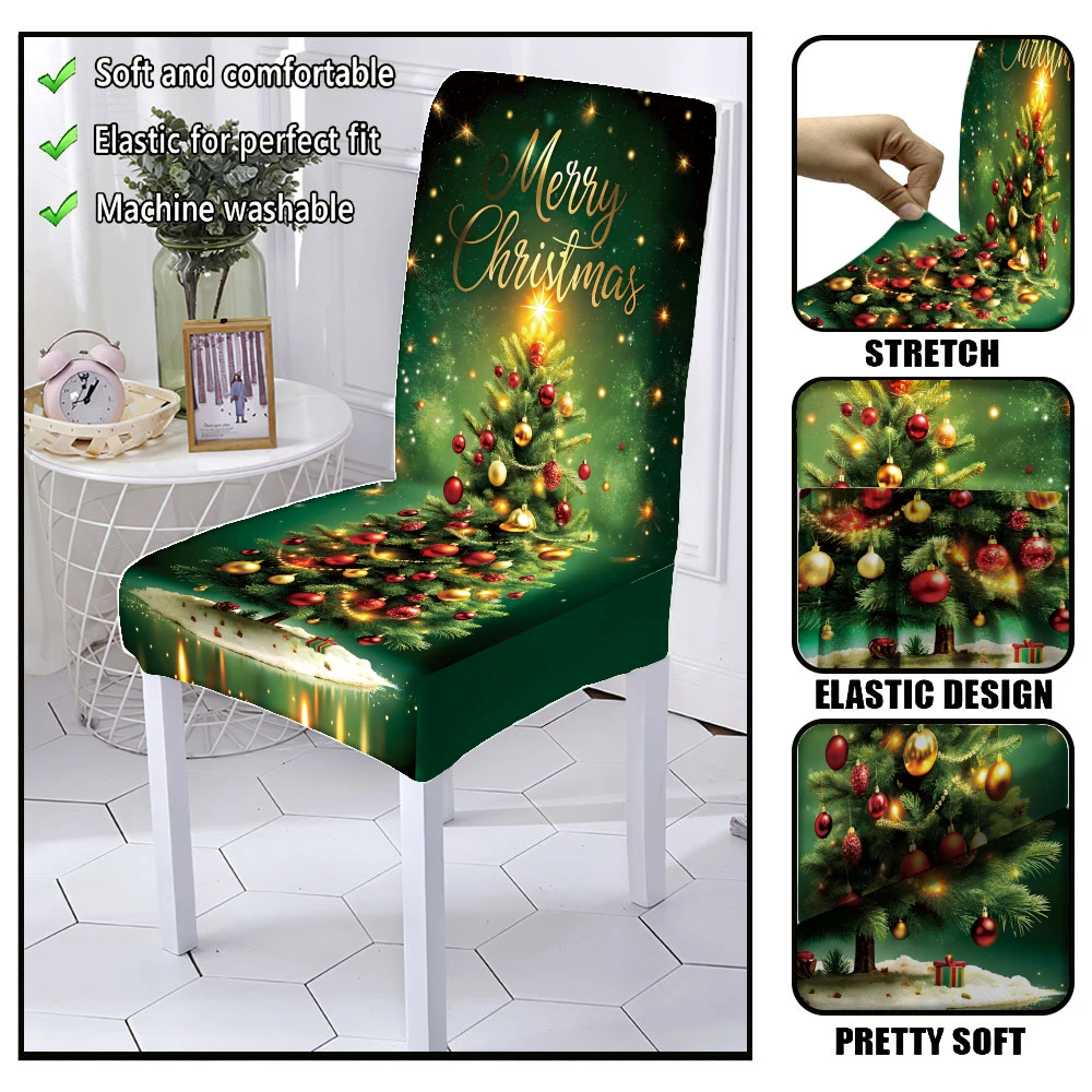 Dark Green Merry Christmas Golden Letter Christmas Tree Bauble Back Print Dining Chair Slipcover Stretch Xmas Chair Cover