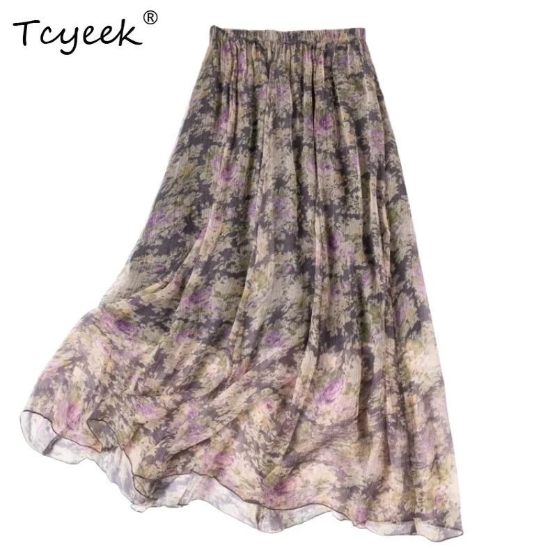 Tcyeek 100% Real Silk Women Skirts 2026 Spring Summer Elastic Waist Flowing Two-layer Beach Skirt Woman Clothing Ropa Para Mujer