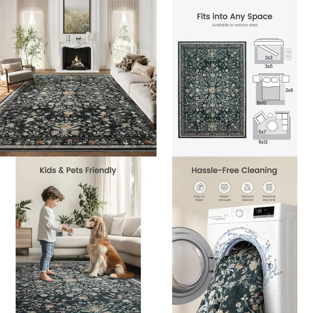 

Area Rugs 8x10, Washable Floral Rug Non Slip Large Living Room Rug Vintage Distressed Soft Carpet for Bedroom, Dinning Room, Hom