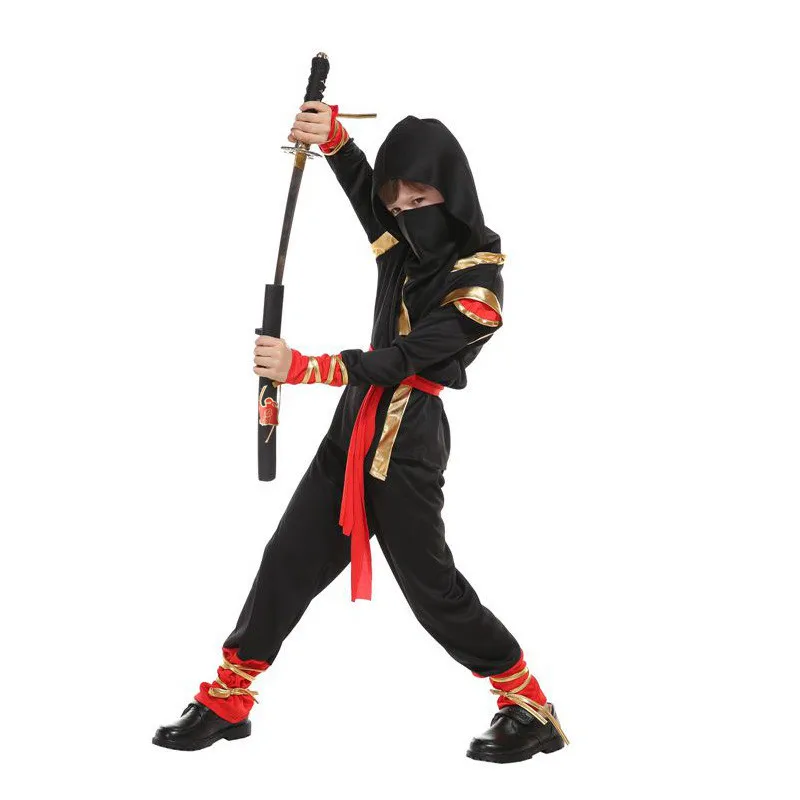 Boys Ninja Warrior Costume Halloween Samurai Set with Hooded Long Sleeve, Mask and Red Belt - Boys Girls Party Costumes