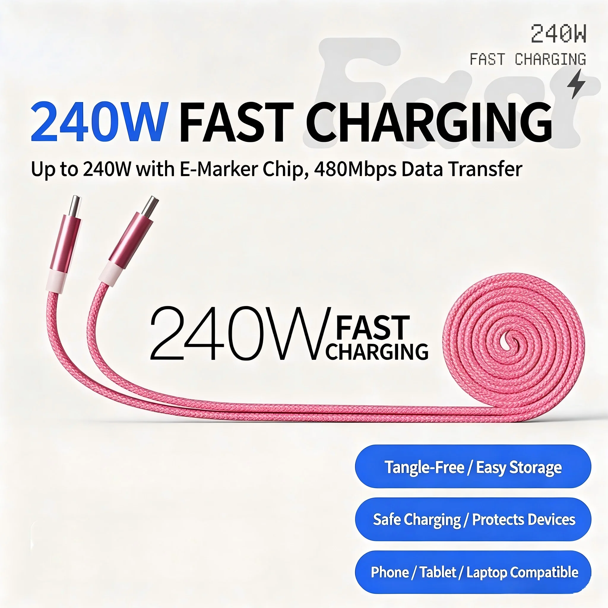 Cable de Datos Magnético Trenzado de 240W USB C a USB C para iPhone, Carga Súper Rápida de 5A