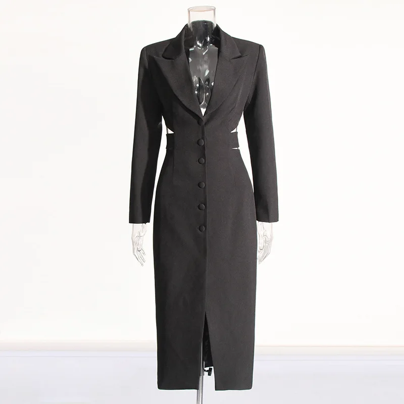 ZAMOR HIGH END Elegant Long Blazer for Women 2026 New Hollow Out Waist Design Solid Color Suit Jacket Autumn