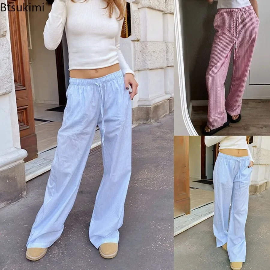 

2025 New Women Stripe Print Pants Drawstring Elastic Waist Loose Straight Long Pants Fashion Comfoutable with Pockets Streetwear