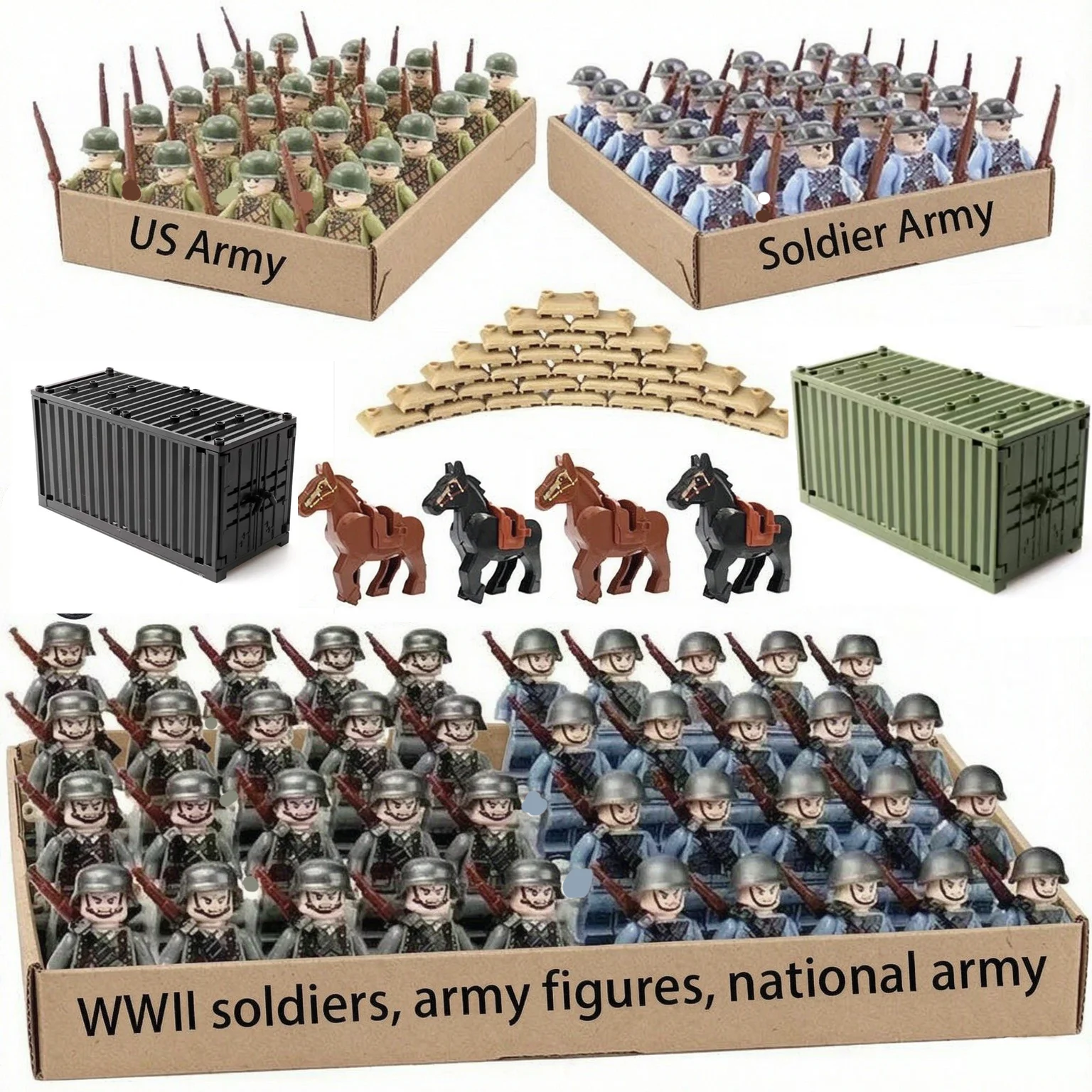 48PCS WWII Allied Infantry Soldiers Building Blocks Figures Army Men Tank Artillery Cannon Battle Gear Model Kit Toy Gift