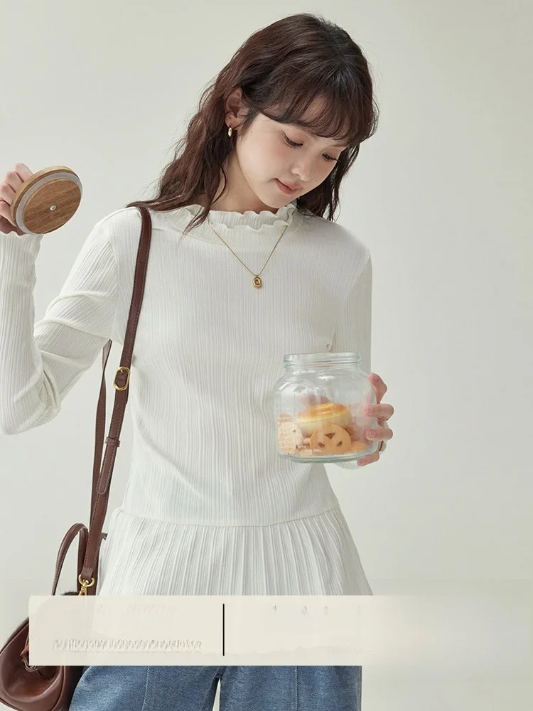 

AMUU Original Lace Trim f High Collar Patchwork Hem T-irt Women's Autumn Winter New Sle White Base Top Korean Sle Sl...