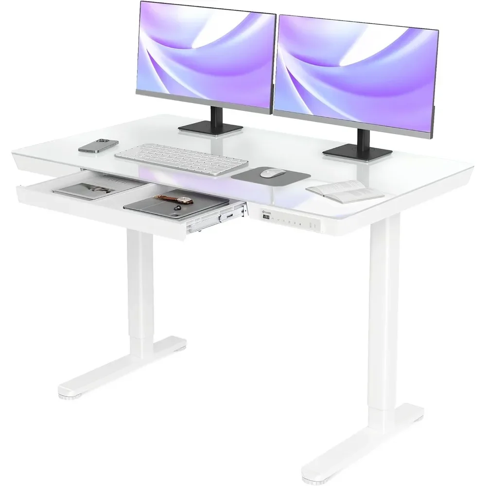 Glass Standing Desk with Drawers, 48×24 Inch Adjustable Stand Up Desk, Quick Install Home Office Computer Desk with USB Ports