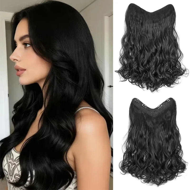 24Inch Synthetic Long V‑Shape Wavy Curly Hair Extensions Heat‑Resistant Fiber Soft Hairpiece for Women Daily Party Hairstyle