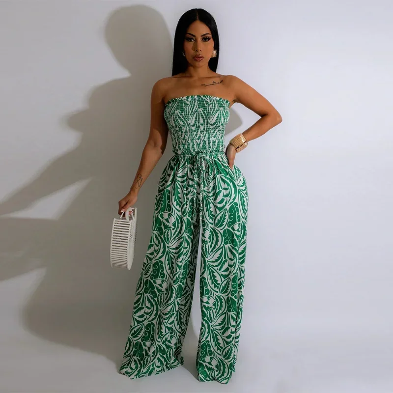 

KEXU Strapless Elastic Sleeveless Straight Wide Leg Fashion Leaf Printed Women Jumpsuit 2024 Sexy Beach Playsuit One Piece Set