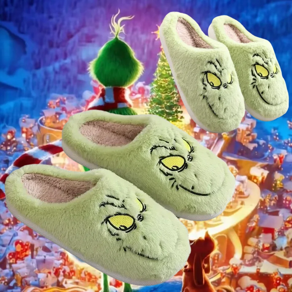 Christmas Plush Slippers Women Winter Warm Cute Home Green Haired Monster Slippers Funny Non Slip Cotten Shoes New Year Gift